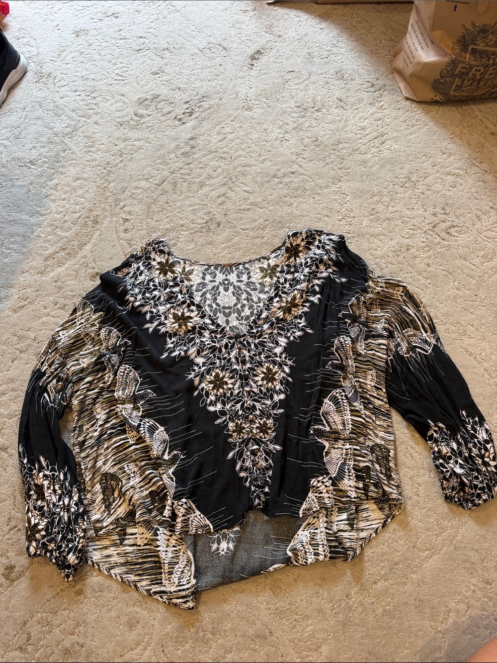 Free People Black Floral V-Neck Tunic with Cream Accents